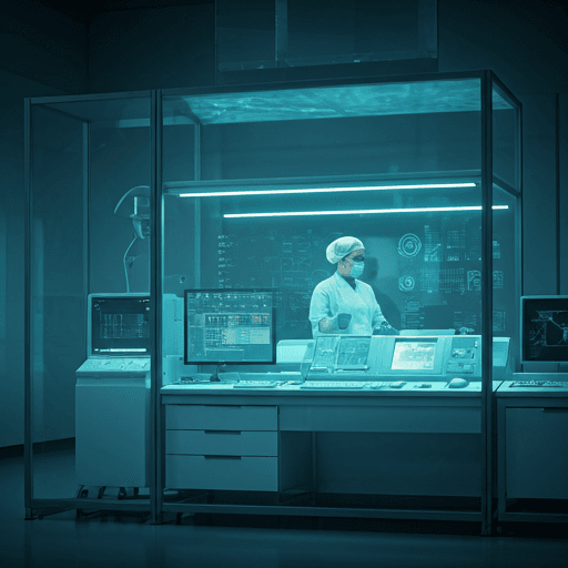 Futuristic diagnostic laboratory environment showcasing clean, glassmorphic UI overlay analytics.